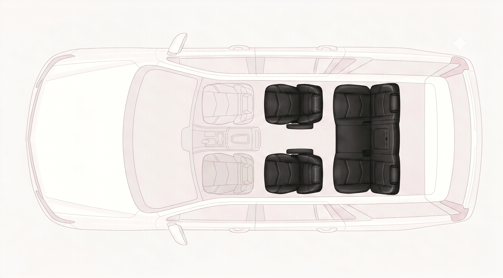 Cadillac Escalade seating plan, five passengers: two second-row captain’s chairs and three across the rear bench; front guest seat free; chauffeur at front left.