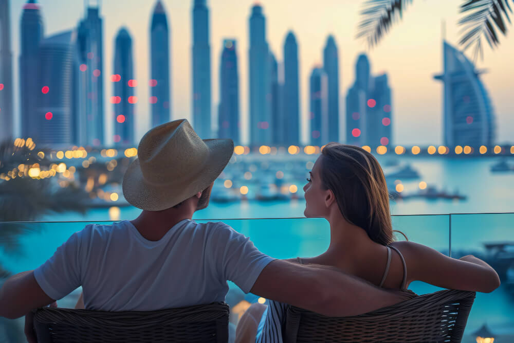 Man and woman gazing out into Dubai cityscape